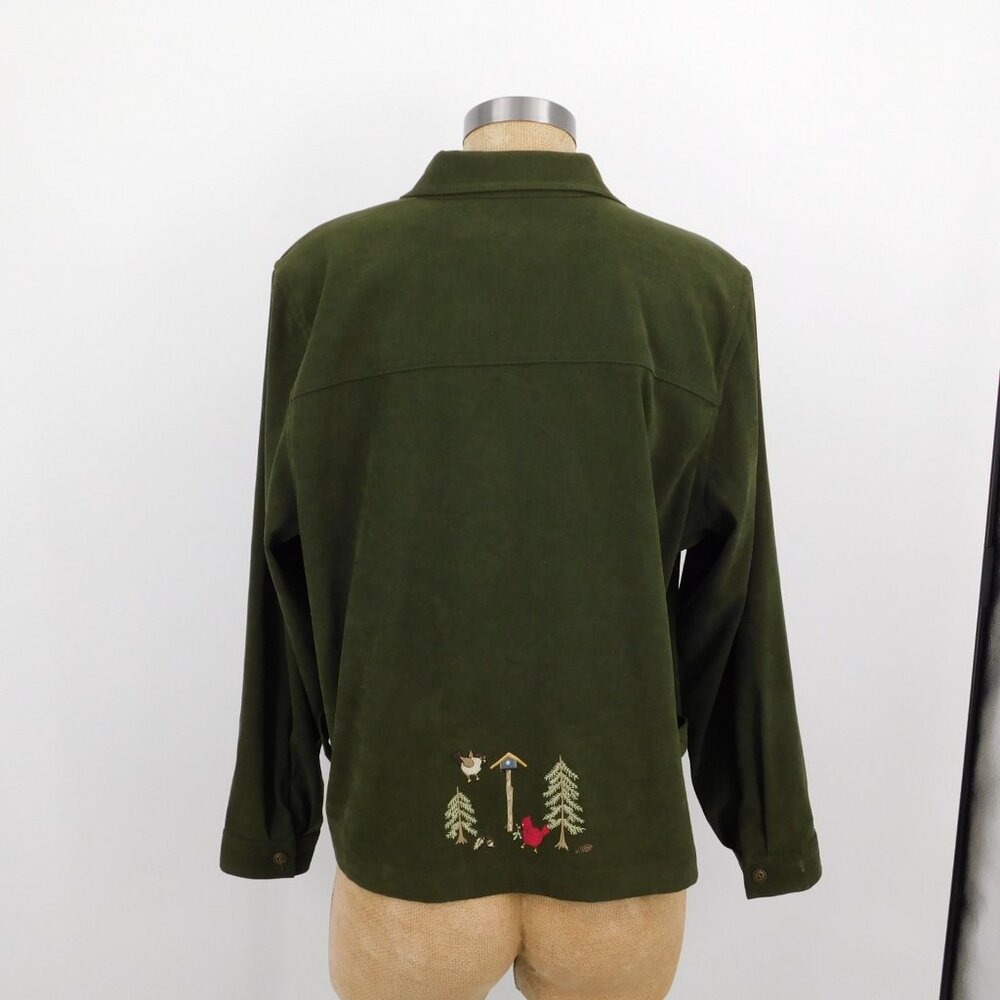 Christopher And Banks Women PXL Green Button Up Stretch Shirt Bird House Tree - Picture 3 of 10